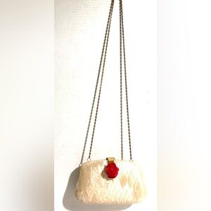 Pearlescent Cream Clutch crossbody with Red Rose Accent and Gold Chain